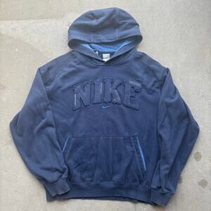 Nike Spellout Hoodie Sweatshirt Raised Logo Patchwork Men Size L Blue Pullover